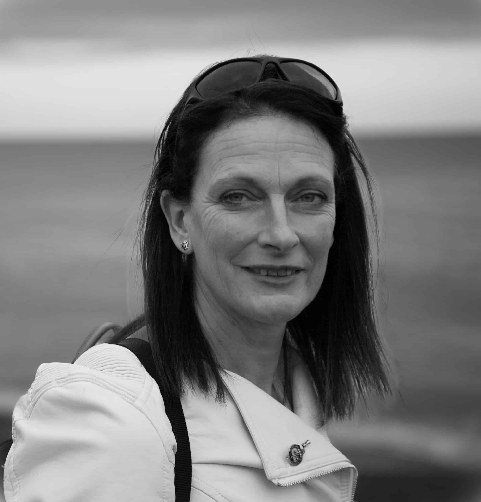 A black and white photograph of Jackie Davies who is the wife of Julian Davies Photography based in Aberdeenshire
