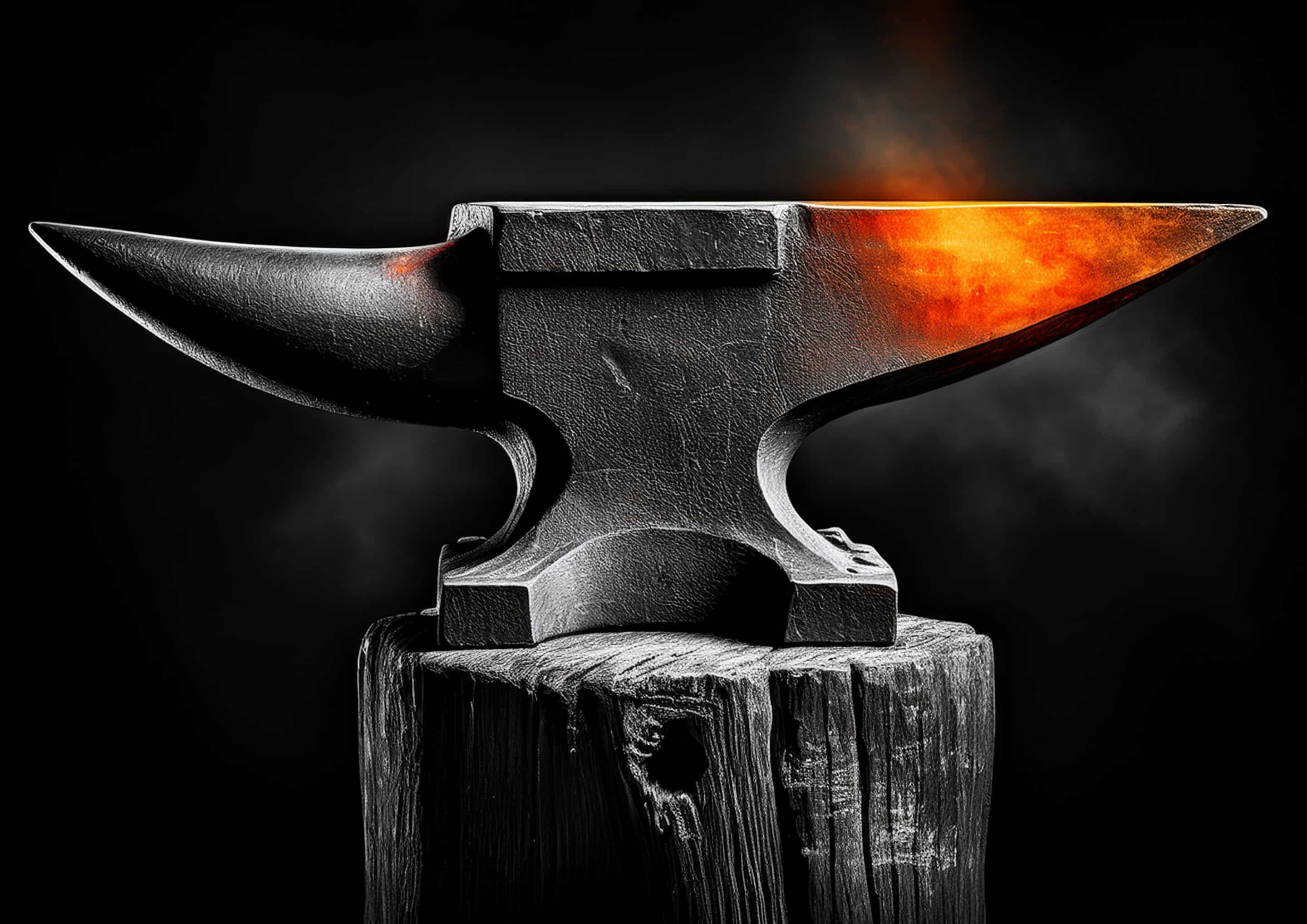 A dramatic black and white photograph of an old iron anvil, featuring a bright orange hot highlight that emphasises the craftsmanship and texture, captured in the Julian Davies Photography studio based in Aberdeenshire
